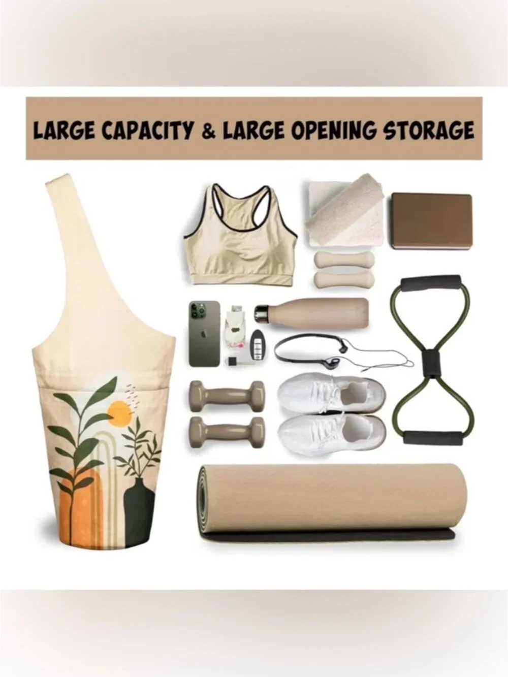 Yoga Mat Carrier Bag Boho Plants Tote Shoulder Gym Pilates Pocket Bag
